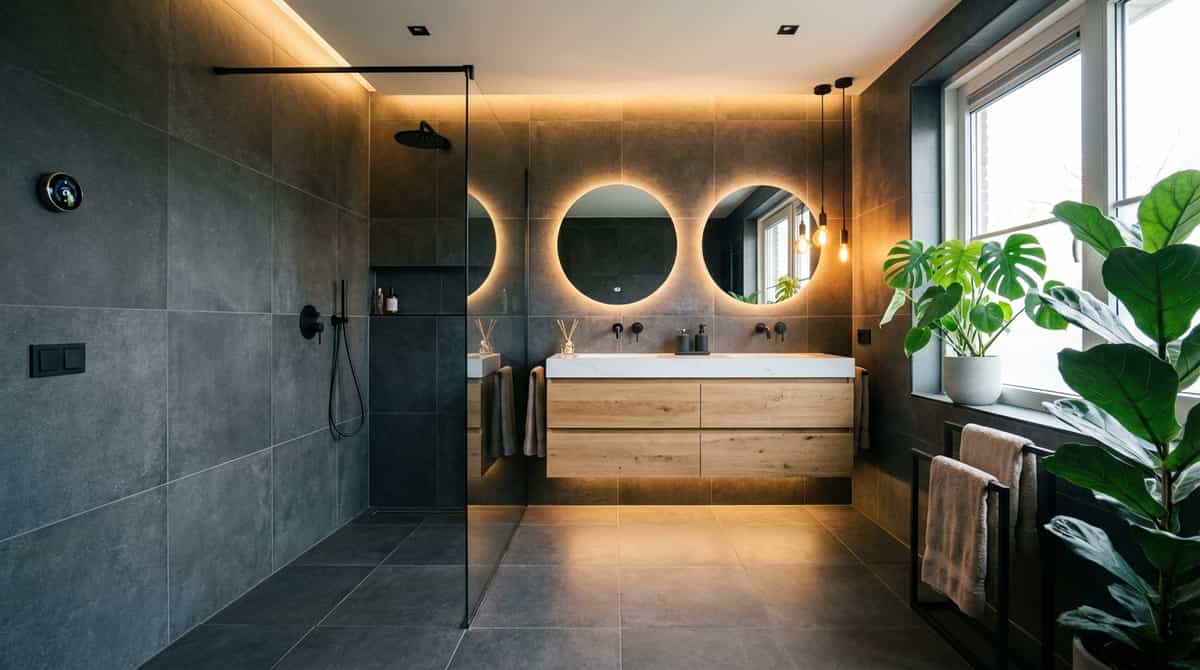 Modern bathroom renovation with a walk-in shower and wall-mounted vanity