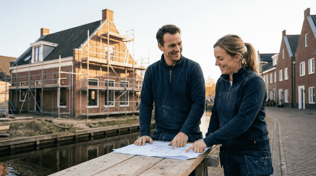 Overleg met een bouwbedrijf over een verbouwing in Noord-Nederland