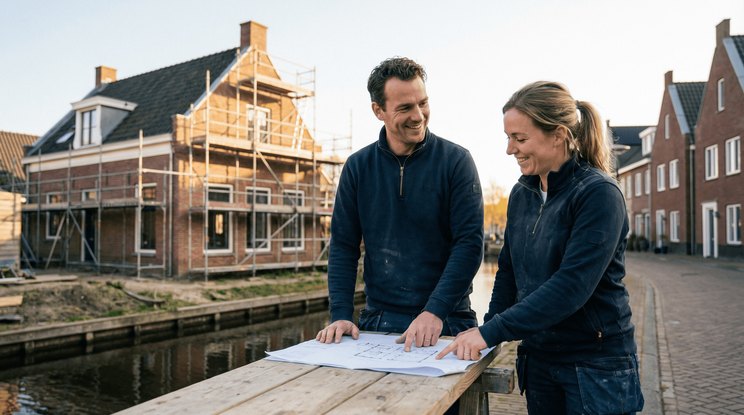 Overleg met een bouwbedrijf over een verbouwing in Noord-Nederland