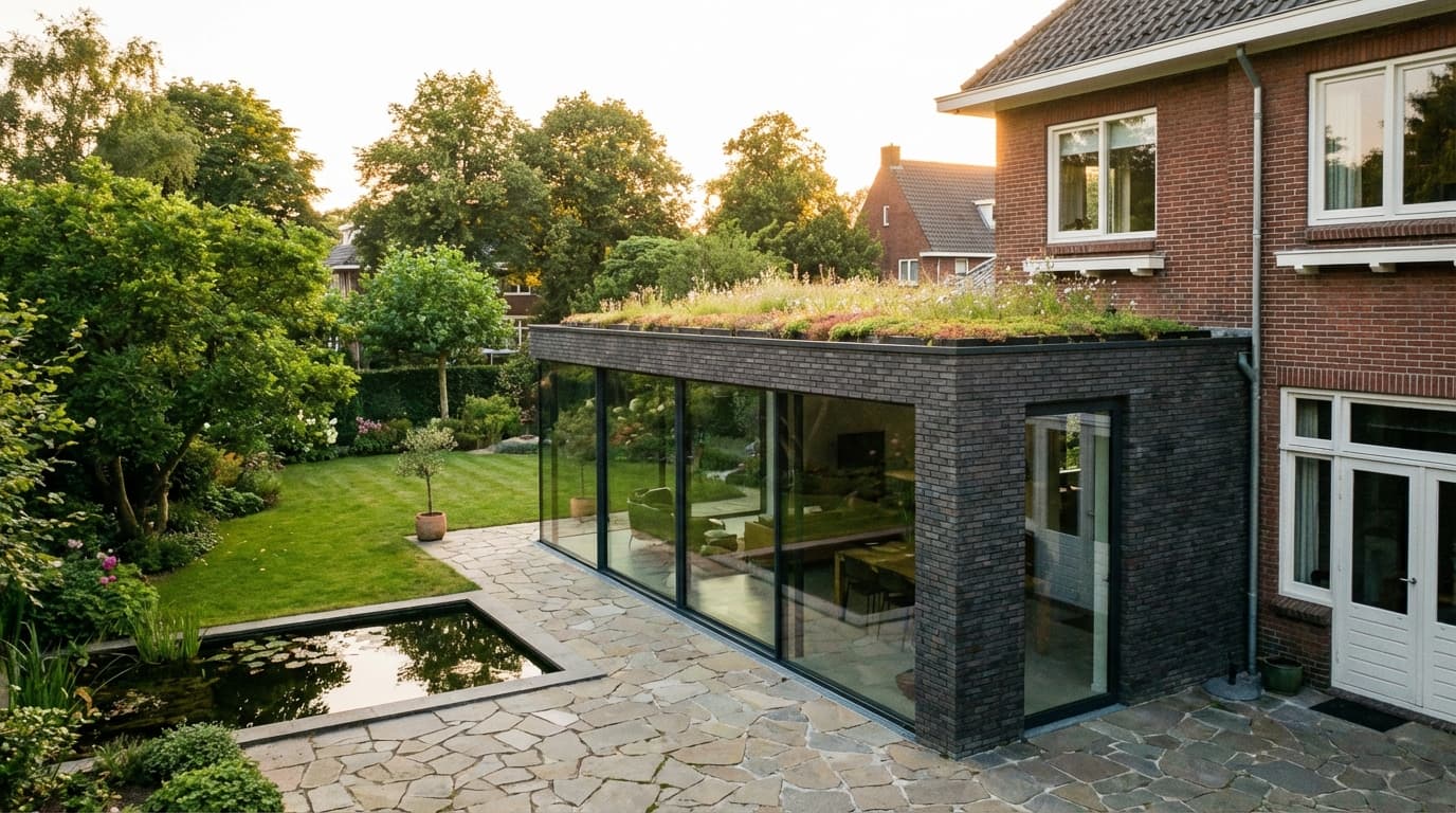 Moderne aanbouw aan een traditioneel Nederlands huis met glazen pui